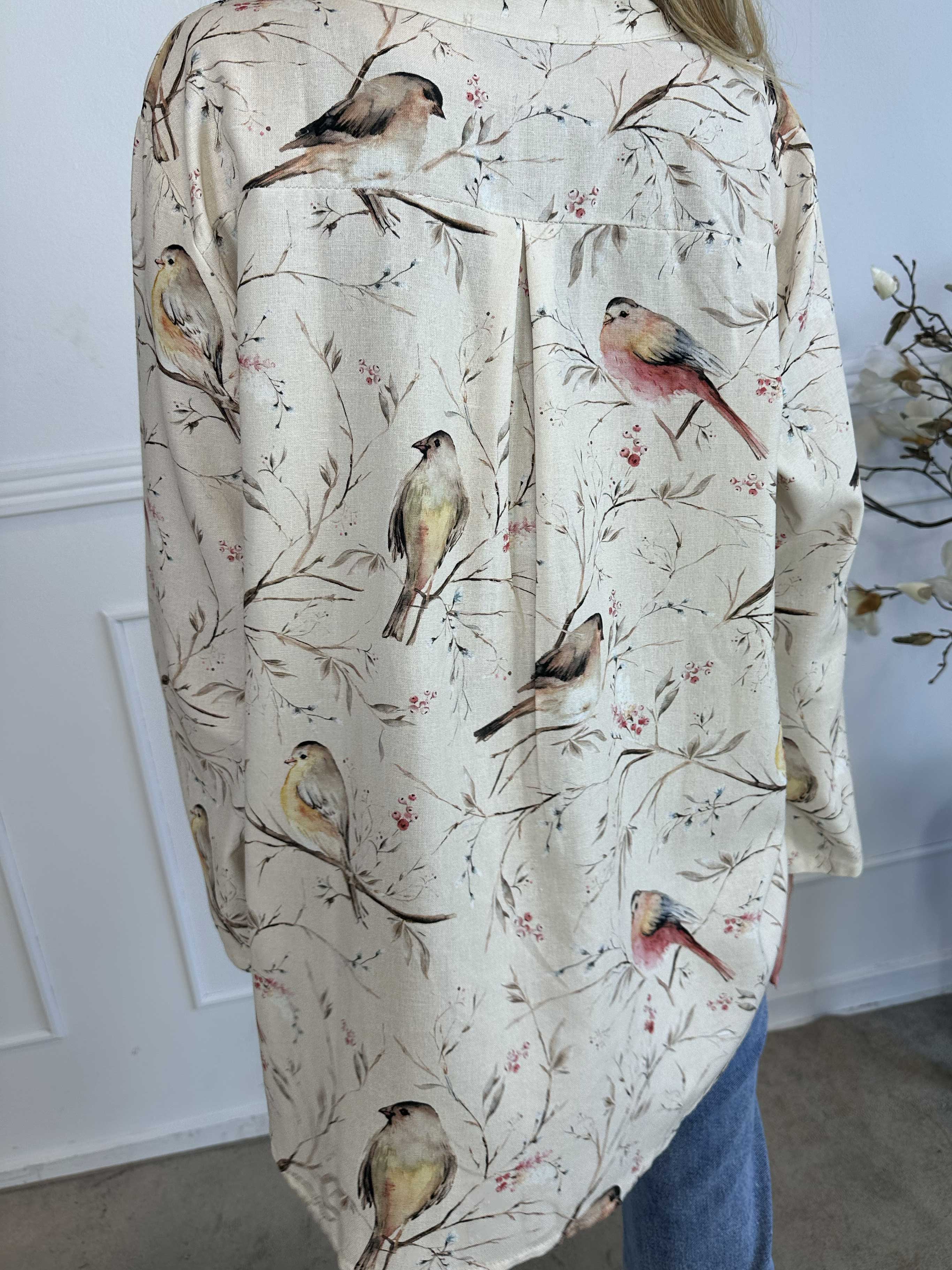 Carmen - Skjorta med fåglar av linne och bomull